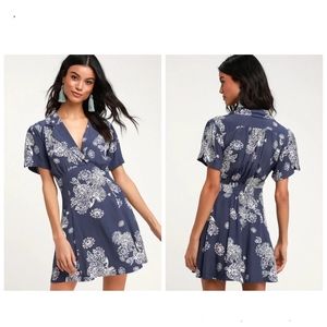 Free People Blue Hawaii Floral Print Short Sleeve A-Line Mini Dress